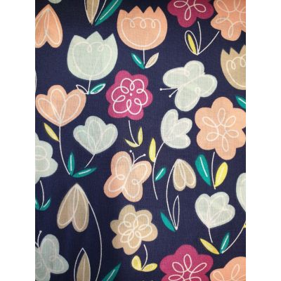 Polycotton, Navy with Multi Flowers