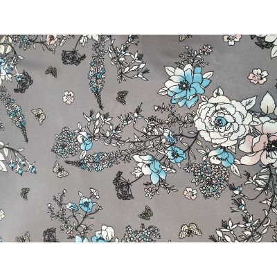 Crepe, Grey with Blue Floral