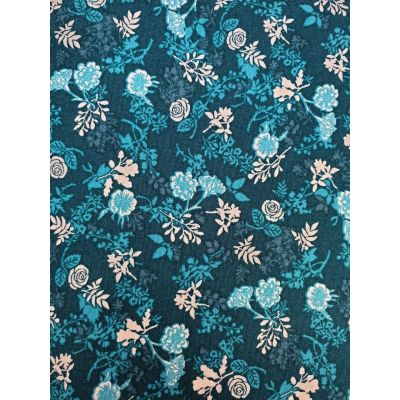 Stof Teal on Blue, White Rose Cotton