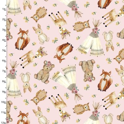 Forest Friends Pink Tossed Animals Pink Cotton