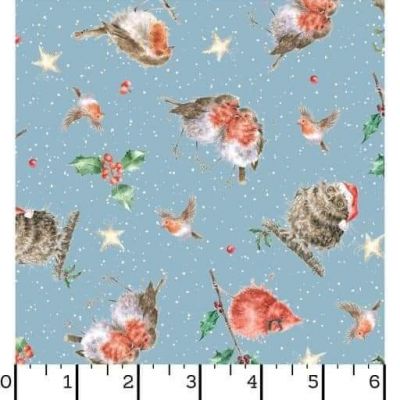 Wrendale one snowy day birds blue cotton