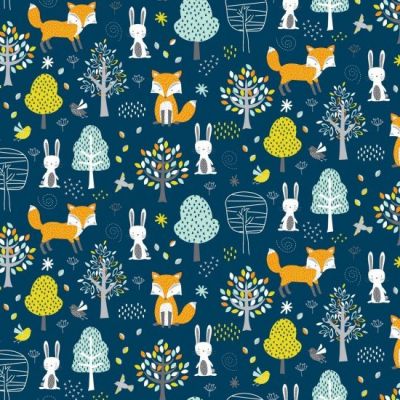 Woodland Friends Foxes Navy Cotton