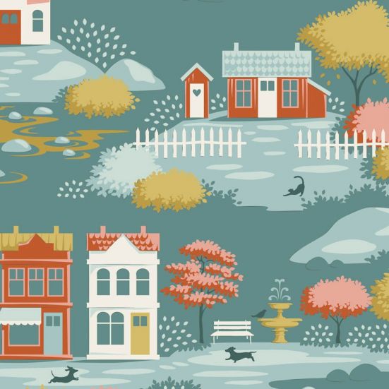 Tilda Village Life Village Teal Cotton