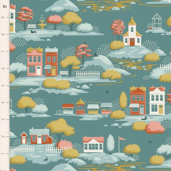 Tilda Village Life Village Teal Cotton
