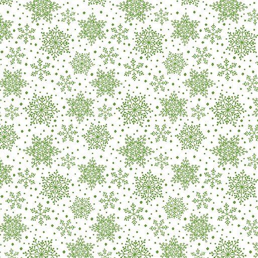 Stof My Hearts Belongs to Christmas white with Green Snowflake Cotton